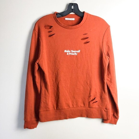 Zara Make Yourself A Priority Distressed Crewneck Sweater Small Orange - Picture 1 of 7